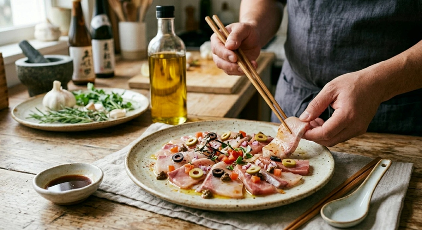 一位厨师用木筷子摆放一盘薄切火腿或鱼片,上面放着橄榄和红洋葱,背景中有一瓶金黄色的橄榄油和新鲜香草。