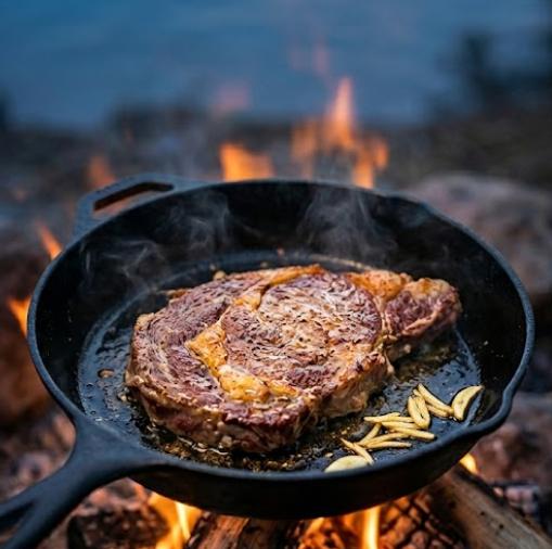 篝火铸铁锅煎香蒜牛排